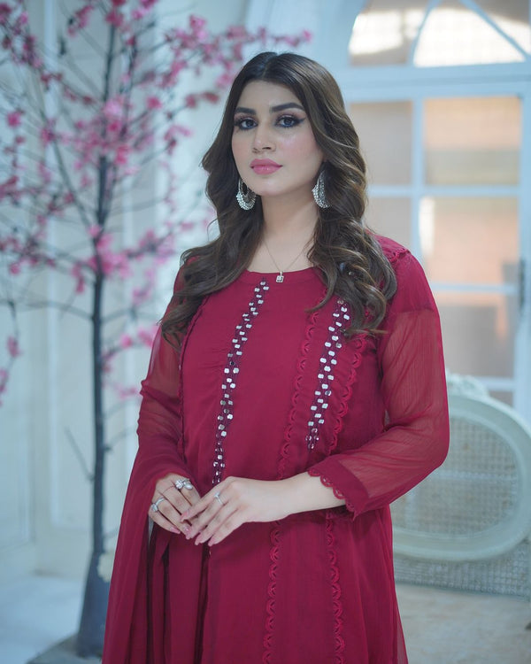 MIRROR FRONT CUT EMBROIDERY CHIFFON MAXI