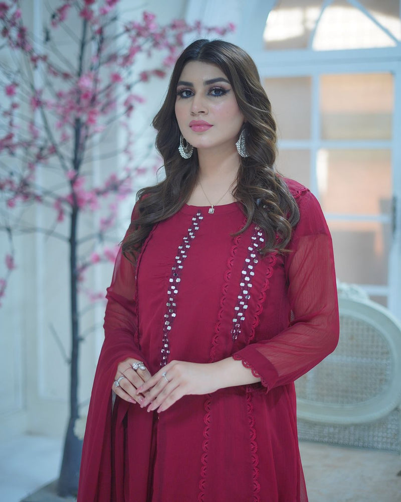 MIRROR FRONT CUT EMBROIDERY CHIFFON MAXI