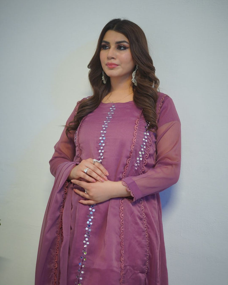 MIRROR FRONT CUT EMBROIDERY CHIFFON MAXI