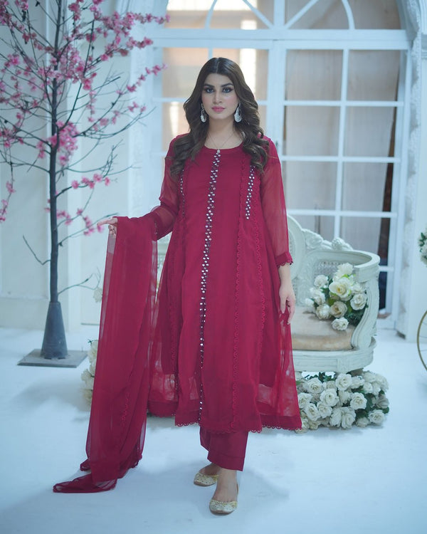 MIRROR FRONT CUT EMBROIDERY CHIFFON MAXI