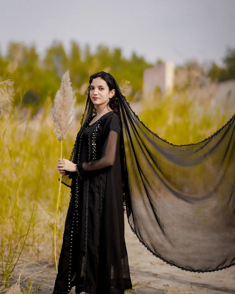 MIRROR FRONT CUT EMBROIDERY CHIFFON MAXI
