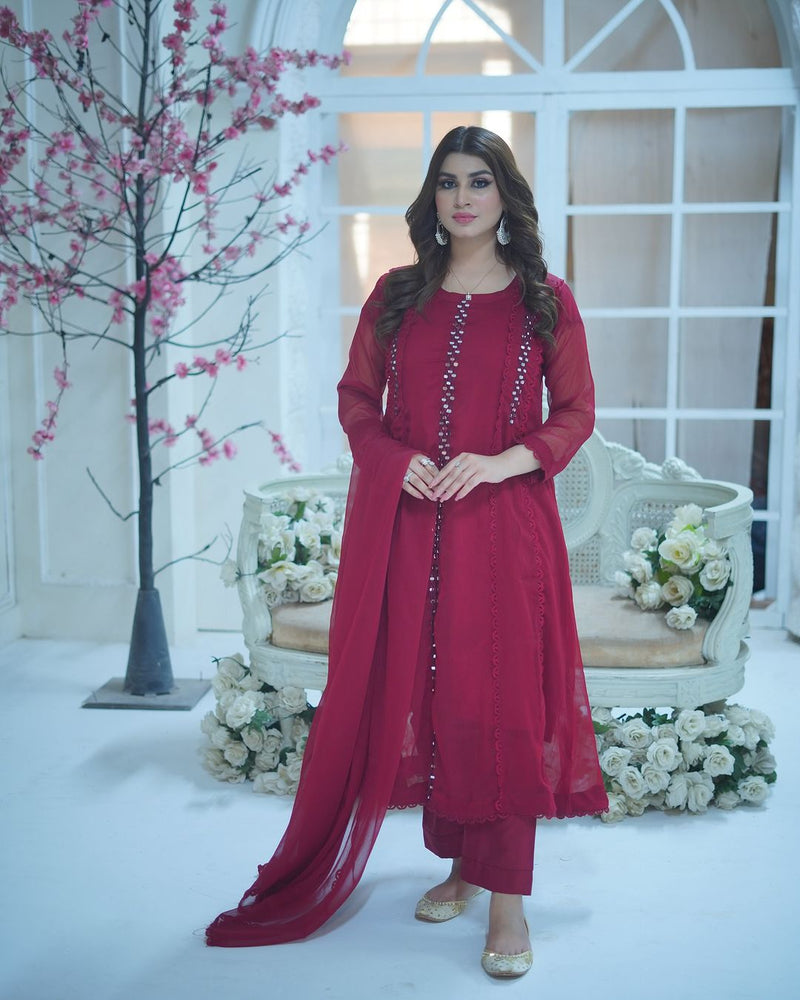 MIRROR FRONT CUT EMBROIDERY CHIFFON MAXI